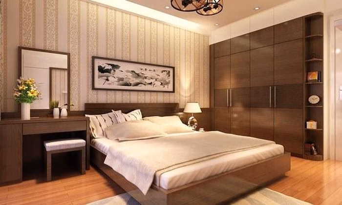 Sự kết hợp giữa màu trắng (Kim) và xanh dương (Thủy) tạo nên không gian nghỉ ngơi hài hòa, sang trọng.
