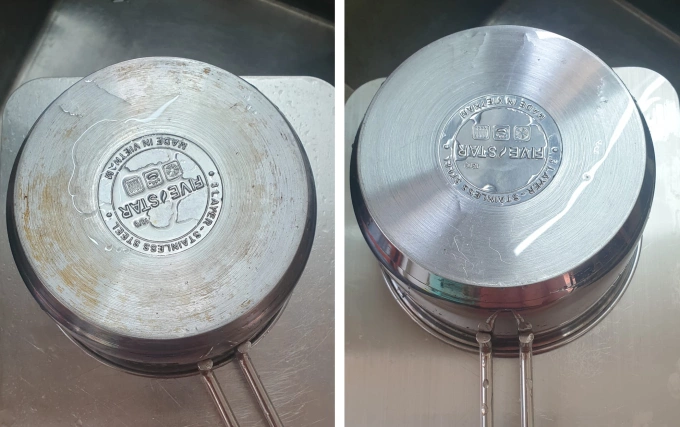 Sự thay đổi rõ rệt của quánh inox sau khi được xử lý bằng hỗn hợp bột đá vôi và nước cốt chanh (Ảnh: An Thùy)