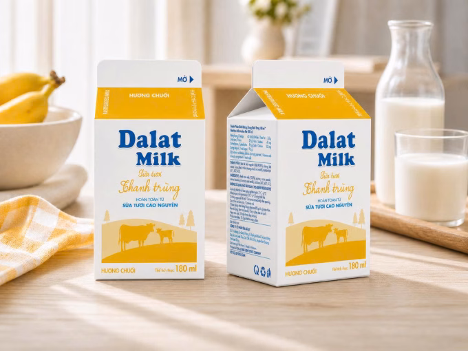Sản phẩm sữa tươi thanh trùng hương chuối Dalatmilk kết hợp từ sữa tươi cao nguyên và hương chuối tự nhiên
